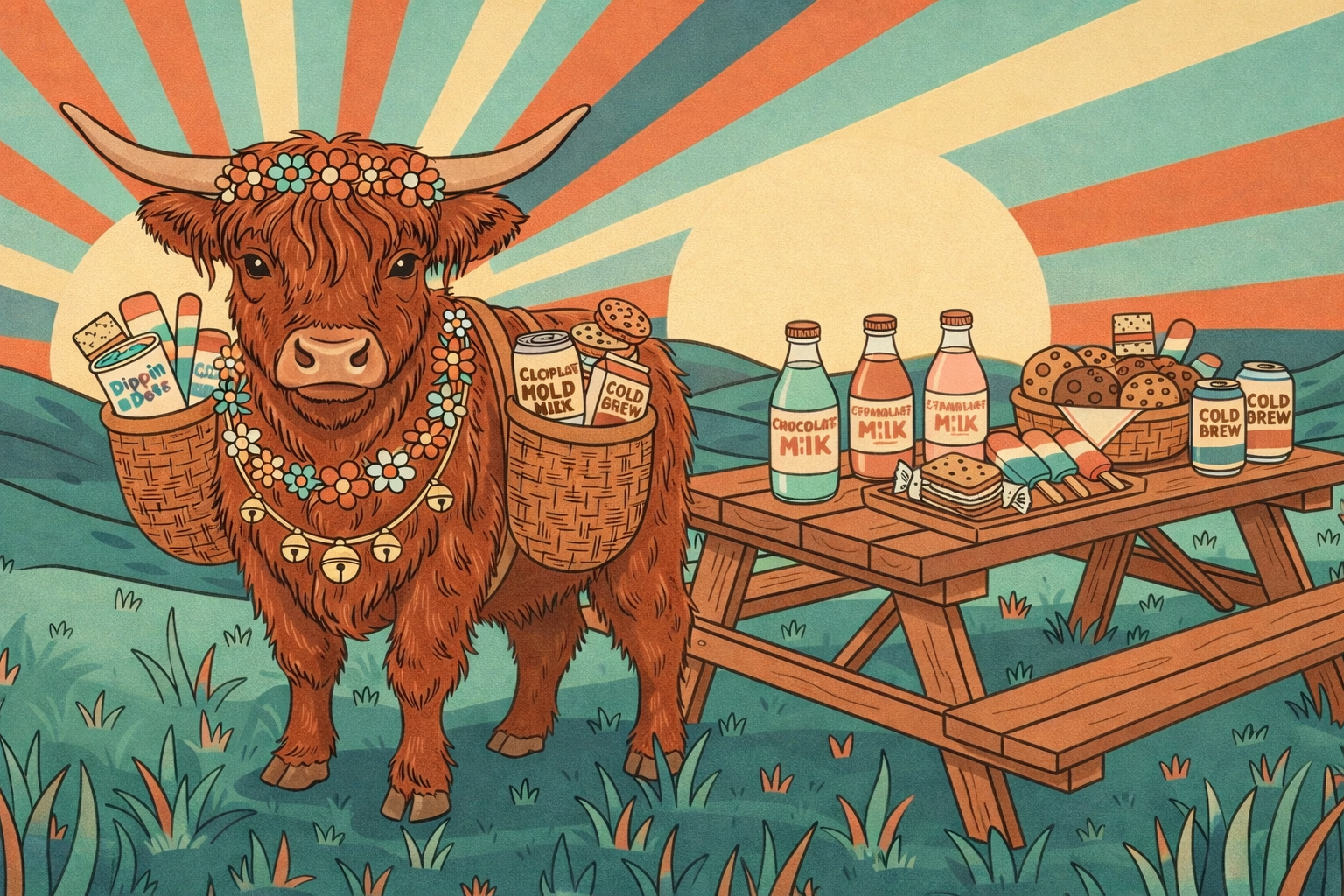 Highland cow delivering sweet treats and drinks at Cowabunga Camp picnic setup