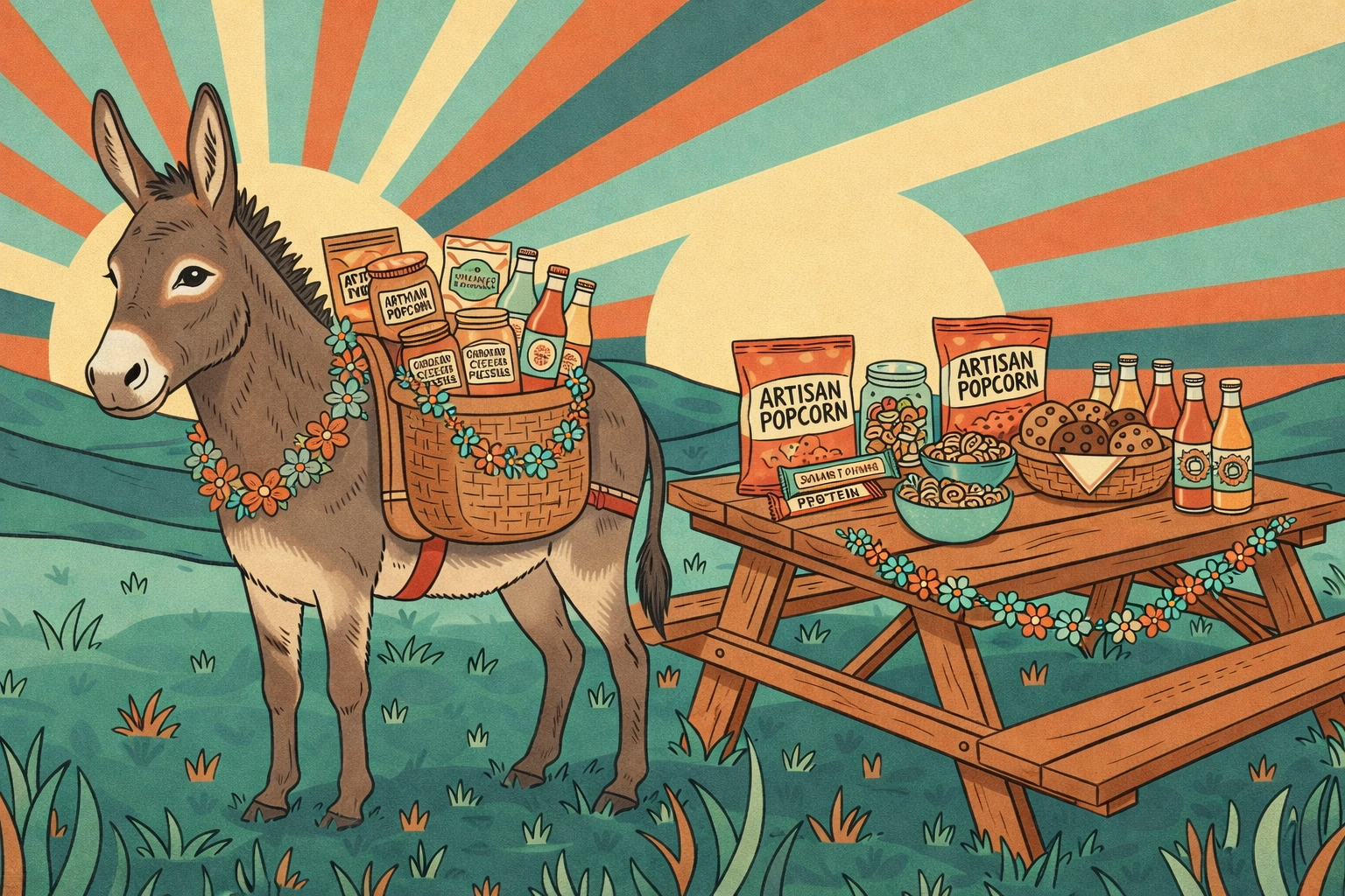 Donkey delivering snacks and drinks at Cowabunga Camp picnic table setup